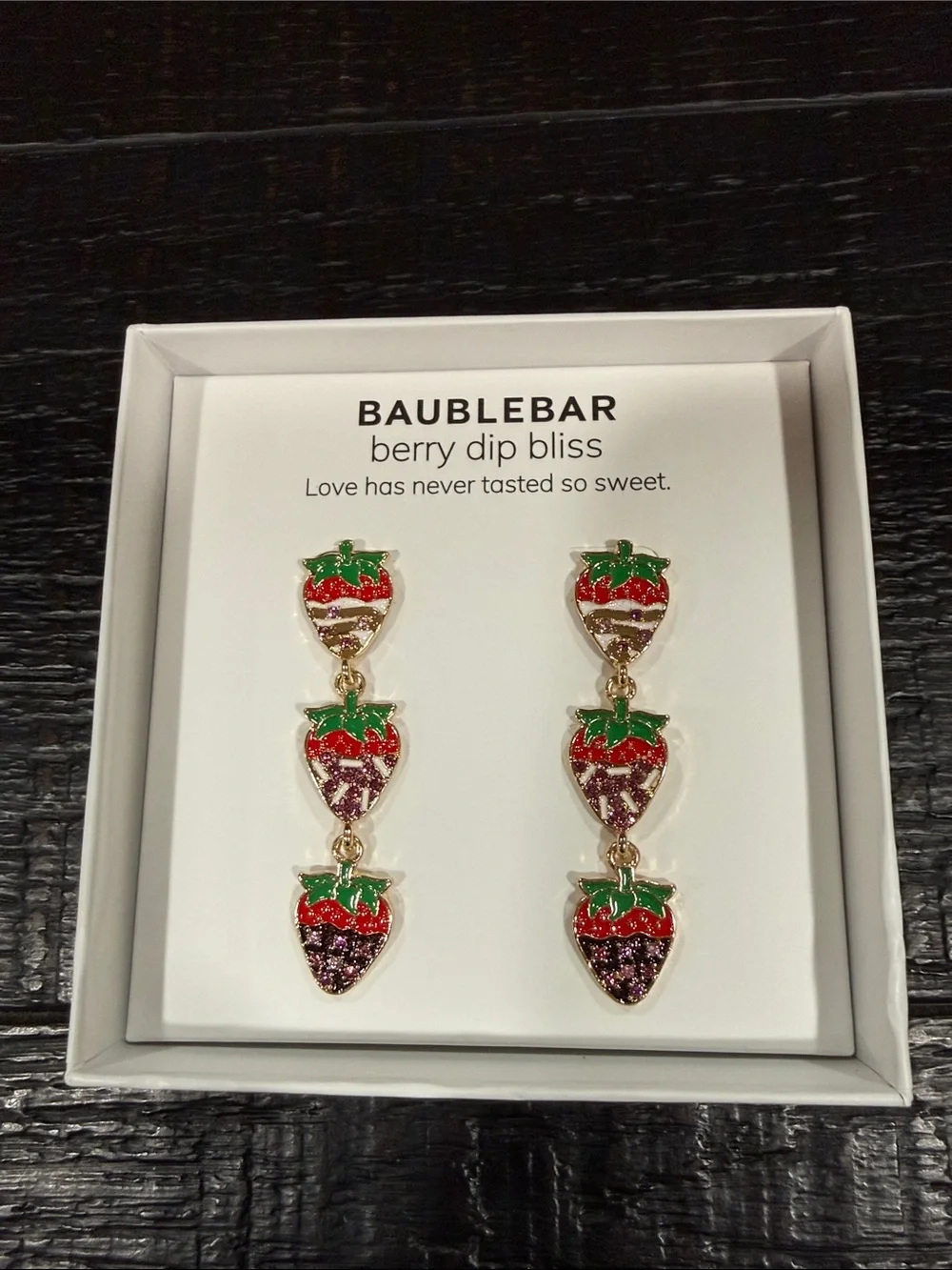 BaubleBar Berry Dip Bliss Triple Strawberry Drop Earrings - Red, Green & Purple - Picture 1 of 4